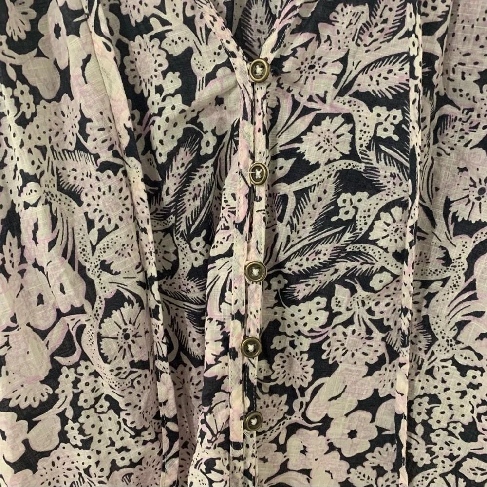 By Anthropologie Button Up Peasant Blouse XSmall Black Floral Puff Sleeve V-Neck